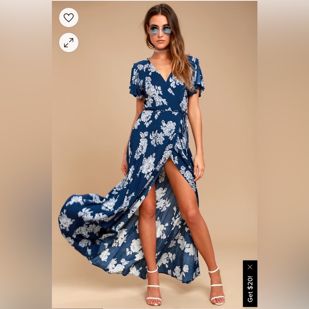 Lulu's Heart of Marigold Navy Blue Floral Print Wrap Maxi Dress, L